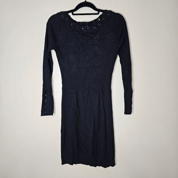Cache Long Sleeve Sweater Dress Size Small black Knit Eyelet & Braided Detail - Picture 1 of 5